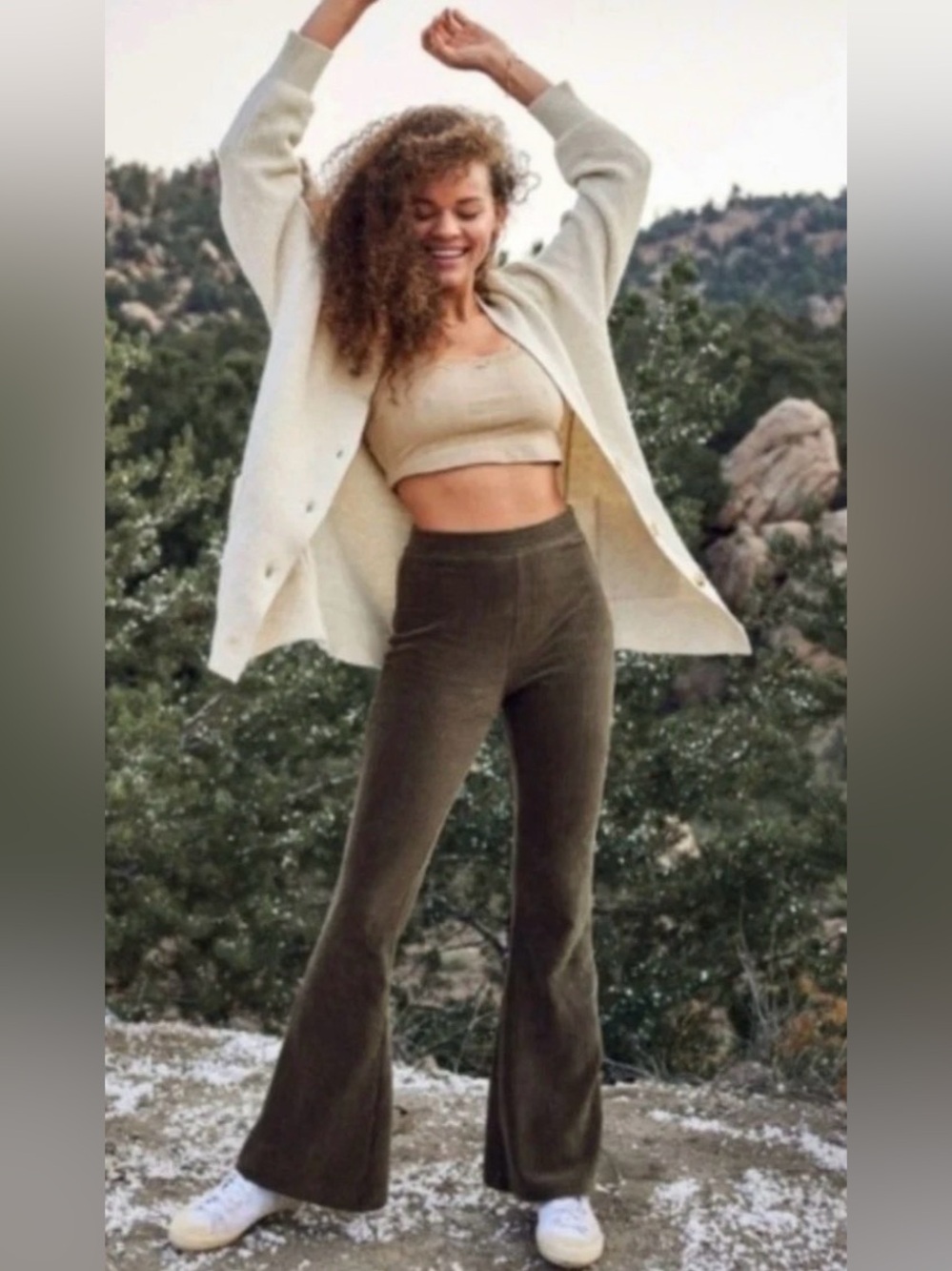 AERIE Size S Olive Groove On Rib Velour Flare Pants PULL ON STRETCH COMFY